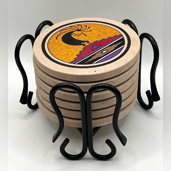 Set of 6 Coasters in Metal Holder Kokopelli Design 3.8 in - Picture 3 of 9